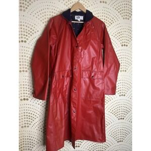Vintage 80s Red Rain Coat Trench Lot One Snap Pockets MED